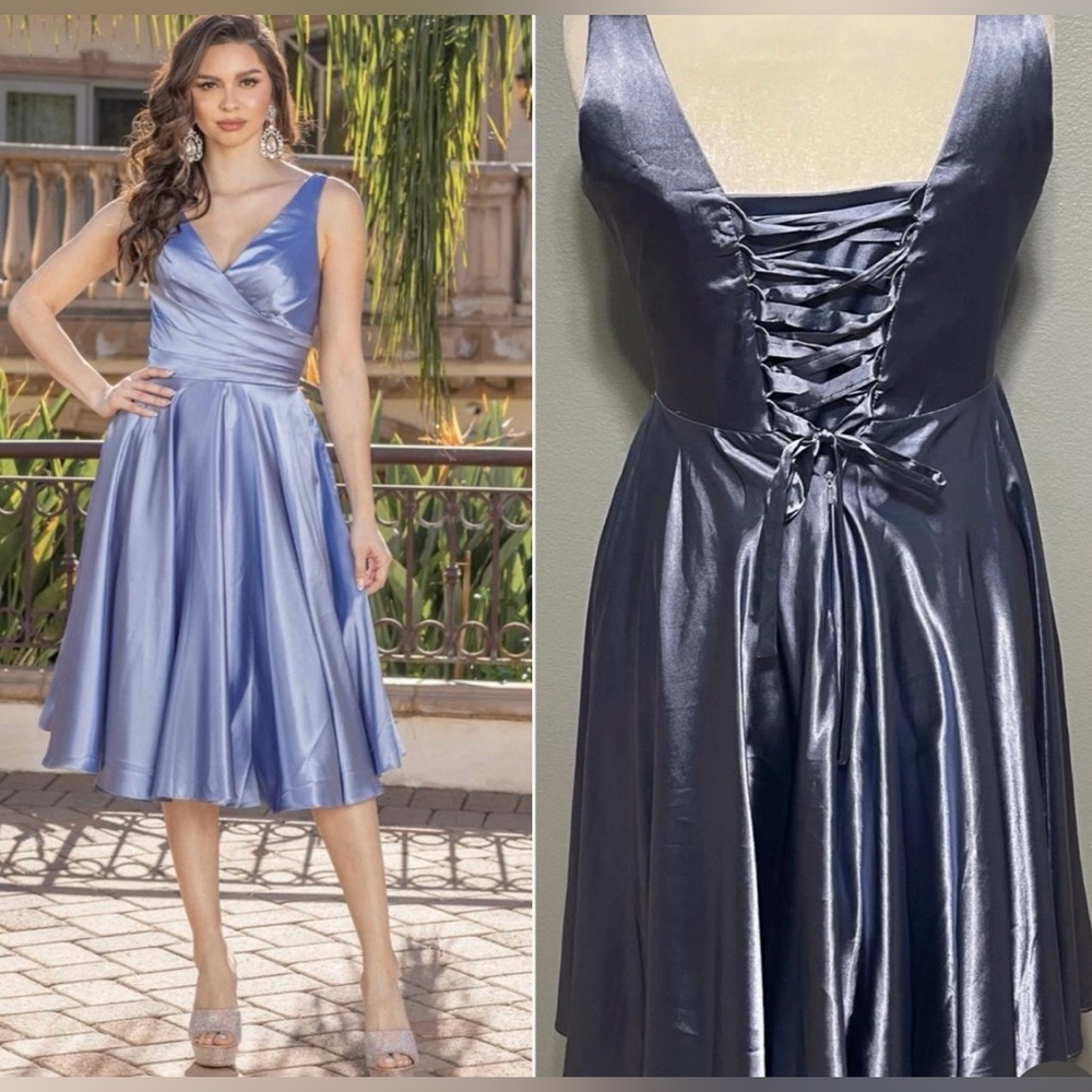 Dancing Queen Blue Satin Old Money Party Dress Midi Fit & Flare Prom Holiday XL